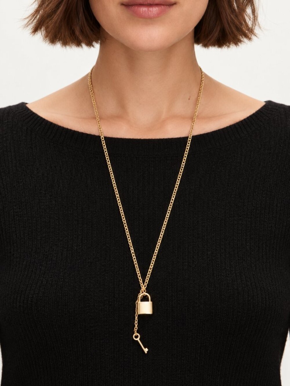 J.Crew Gold Lock & Key Necklace NWT Statement Pendant Long Layering Necklace